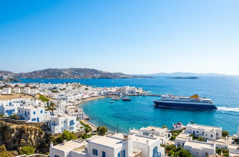 El ferry convencional llega al puerto de Mykonos.