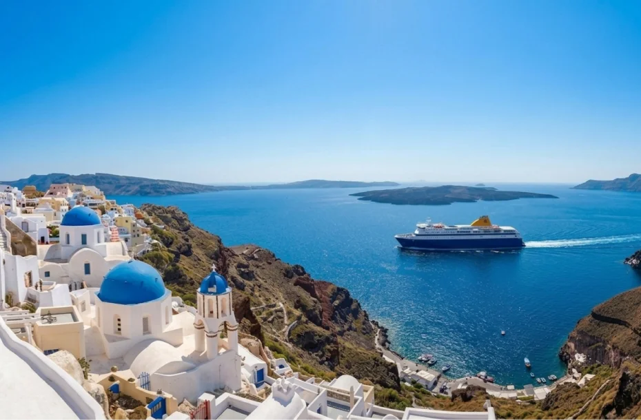 Ferry convencional llegando al puerto de Santorini.