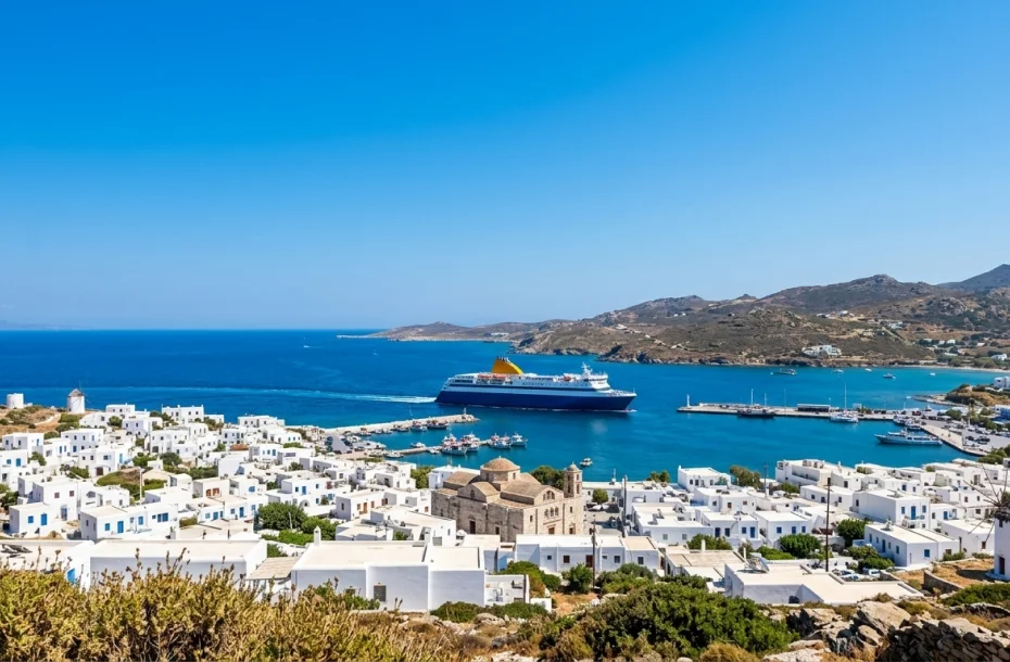 El ferry convencional llega al puerto de Paros.