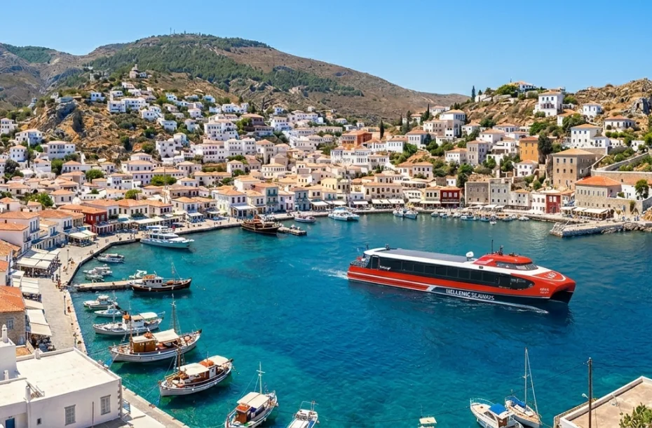 La lancha rápida llega al puerto de Hydra.